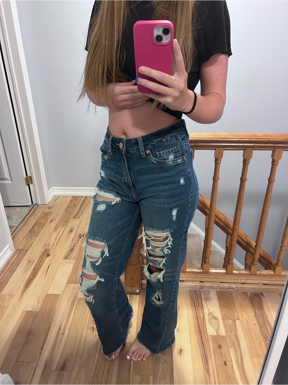 Aeropostale High-rise Long Dark Blue Distressed Flared Jeans